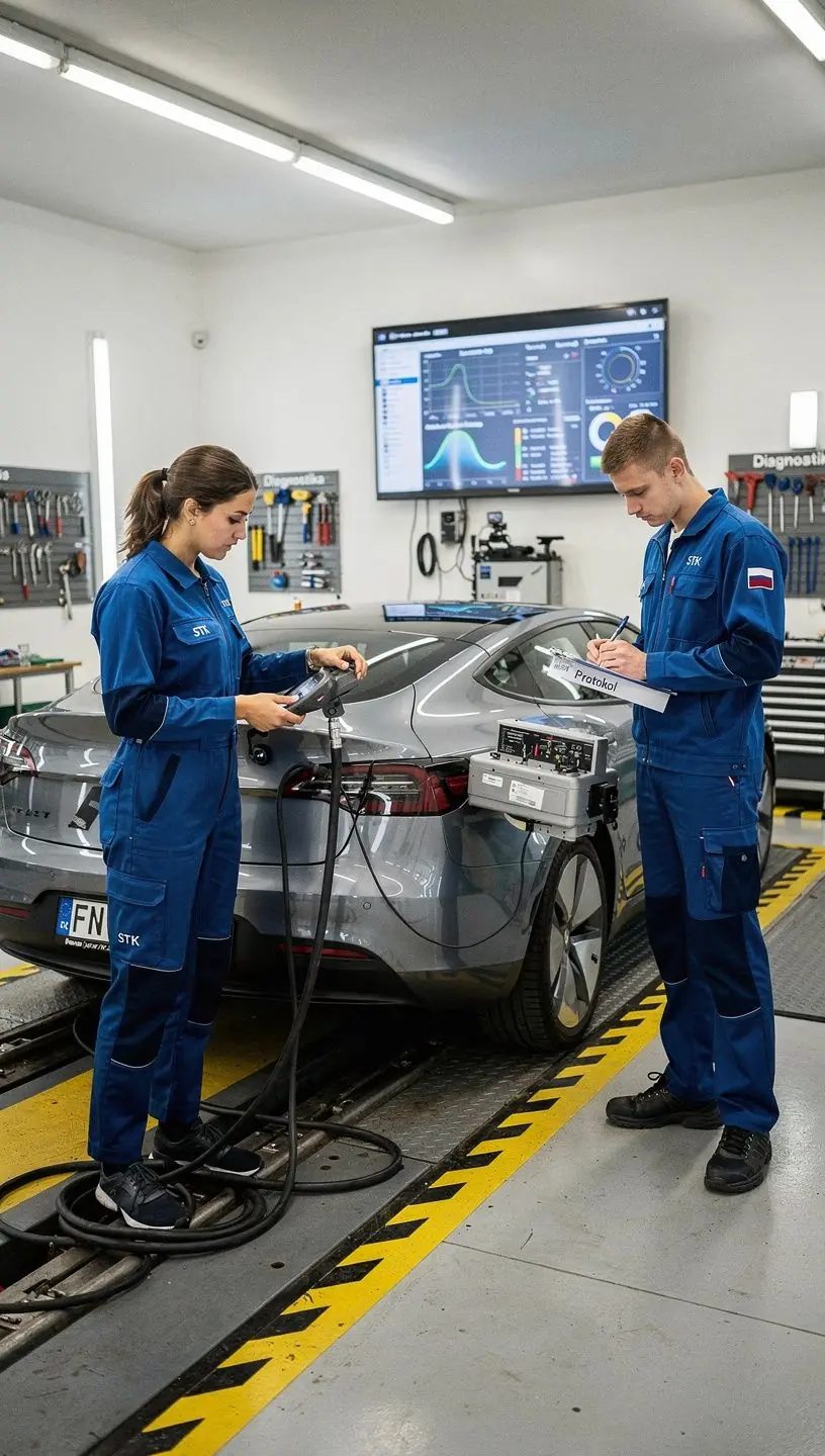 Automobil pripravený na emisnú kontrolu v skúšobnej hale s meracími prístrojmi.
